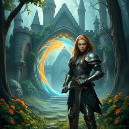 A realistic and captivating scene featuring a strong warrior standing confidently in front of a magical portal that leads to an enchanting castle