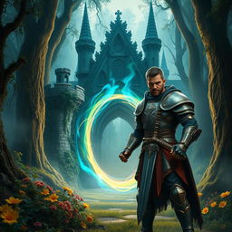 A realistic and captivating scene featuring a strong warrior standing confidently in front of a magical portal that leads to an enchanting castle
