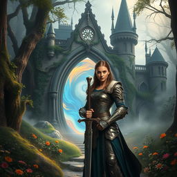 A realistic and captivating scene featuring a strong warrior standing confidently in front of a magical portal that leads to an enchanting castle