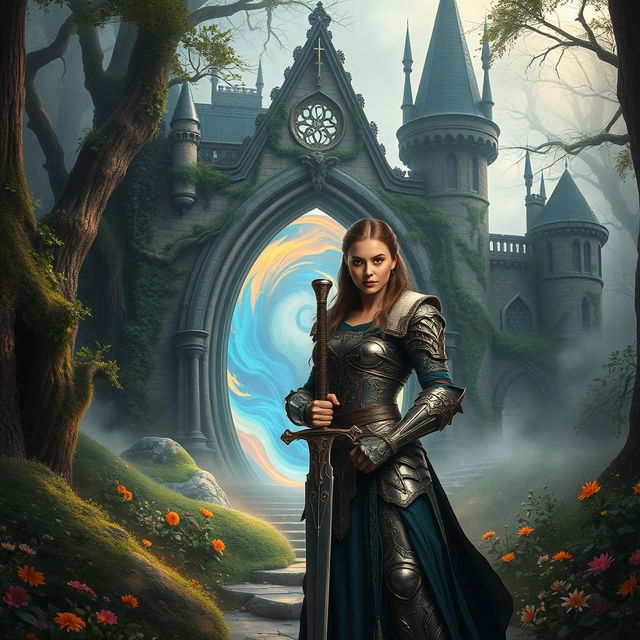 A realistic and captivating scene featuring a strong warrior standing confidently in front of a magical portal that leads to an enchanting castle