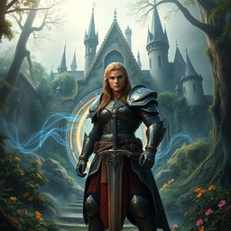 A realistic and captivating scene featuring a strong warrior standing confidently in front of a magical portal that leads to an enchanting castle