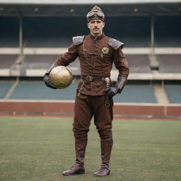 A steampunk football/soccer player in Victorian-era athletic garb accentuated with brass-crafted shoulder pads, goggles, and mechanically-enhanced boots. The football is a curious creation with vintage leather and embedded cogs, being pictured mid-kick against a backdrop of a grand industrial arena.