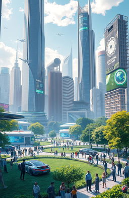 A futuristic cityscape depicting the integration of science, social dynamics, and technology