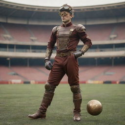 A steampunk football/soccer player in Victorian-era athletic garb accentuated with brass-crafted shoulder pads, goggles, and mechanically-enhanced boots. The football is a curious creation with vintage leather and embedded cogs, being pictured mid-kick against a backdrop of a grand industrial arena.