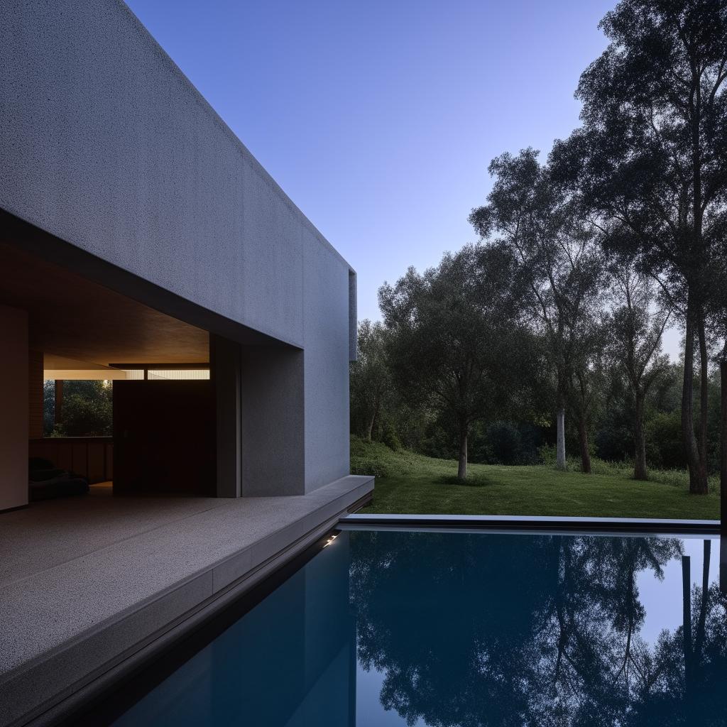 A minimalist two-storey house featuring a car garage, a small park and a swimming pool.