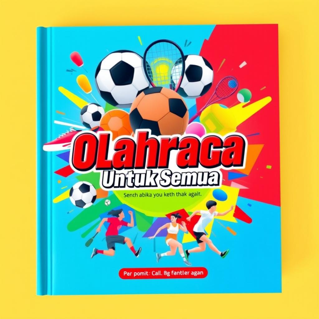 Design a vibrant and dynamic book cover for a sports-themed book, featuring a collage of various sports equipment such as a soccer ball, basketball, football, tennis racket, and running shoes