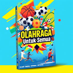Design a vibrant and dynamic book cover for a sports-themed book, featuring a collage of various sports equipment such as a soccer ball, basketball, football, tennis racket, and running shoes