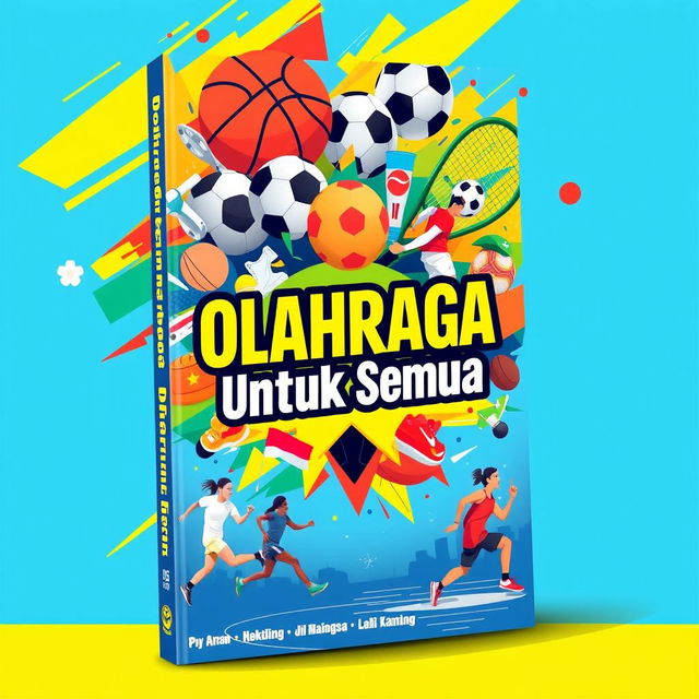 Design a vibrant and dynamic book cover for a sports-themed book, featuring a collage of various sports equipment such as a soccer ball, basketball, football, tennis racket, and running shoes