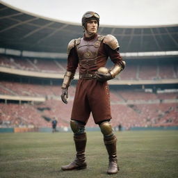 A steampunk football/soccer player in Victorian-era athletic garb accentuated with brass-crafted shoulder pads, goggles, and mechanically-enhanced boots. The football is a curious creation with vintage leather and embedded cogs, being pictured mid-kick against a backdrop of a grand industrial arena.