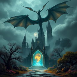 A breathtakingly realistic scene showcasing a magical portal that glows with radiant colors, leading to a dark, menacing castle in the background