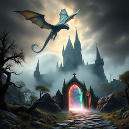A breathtakingly realistic scene showcasing a magical portal that glows with radiant colors, leading to a dark, menacing castle in the background