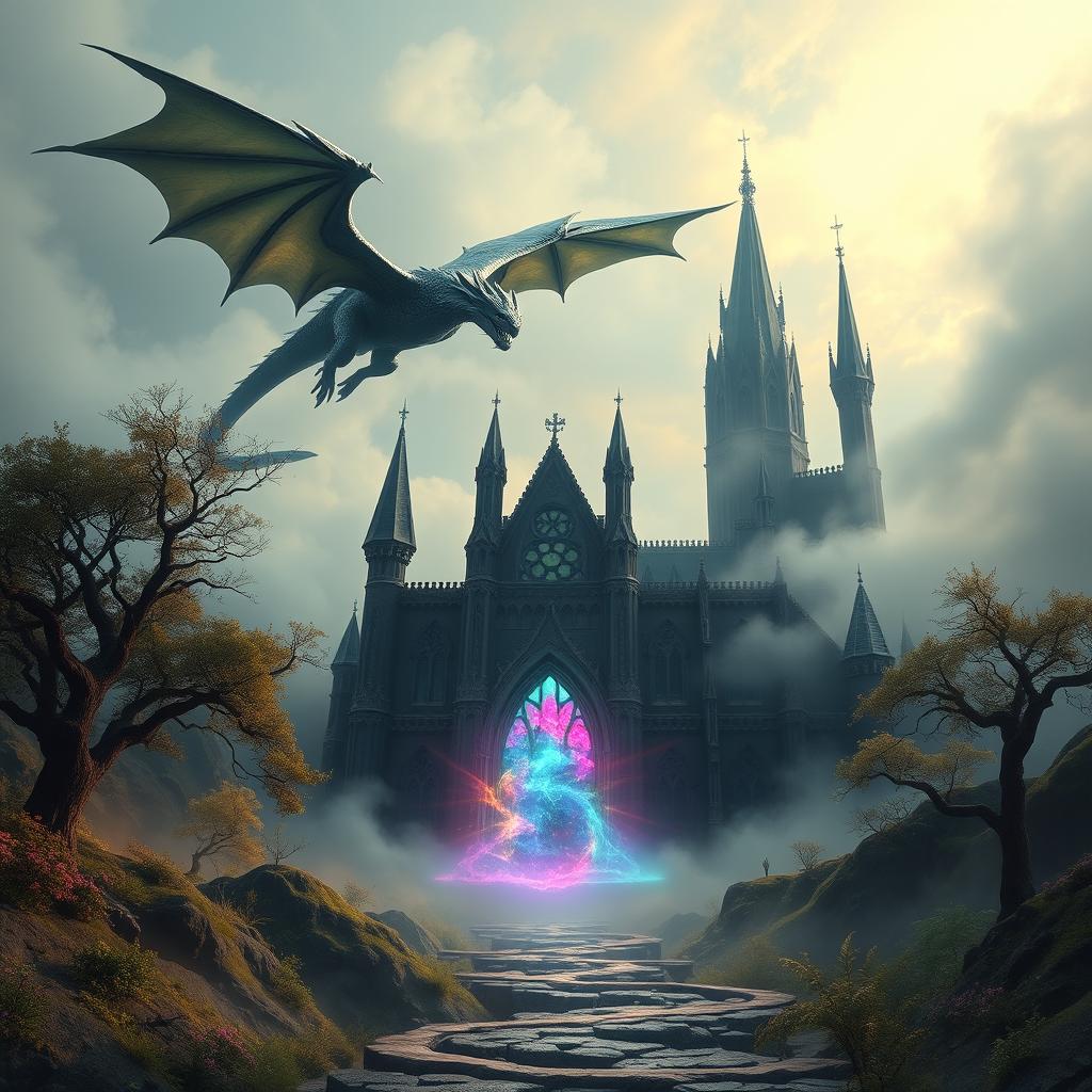 A breathtakingly realistic scene showcasing a magical portal that glows with radiant colors, leading to a dark, menacing castle in the background