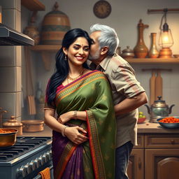 A realistic depiction of an Indian wife in a kitchen, wearing traditional attire, such as a colorful sari, with long dark hair styled elegantly