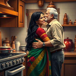 A realistic depiction of an Indian wife in a kitchen, wearing traditional attire, such as a colorful sari, with long dark hair styled elegantly