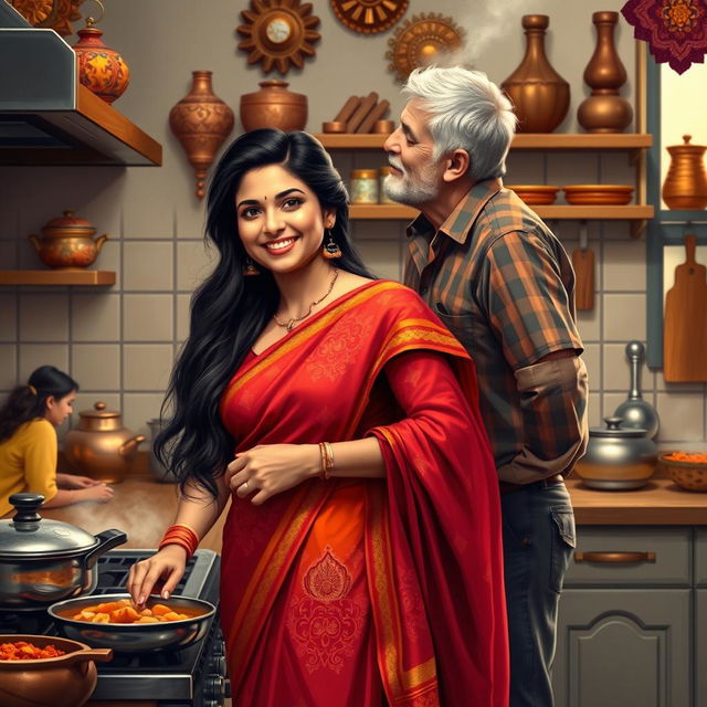 A realistic depiction of an Indian wife in a kitchen, wearing traditional attire, such as a colorful sari, with long dark hair styled elegantly