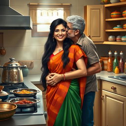 A realistic depiction of an Indian wife in a kitchen, wearing traditional attire, such as a colorful sari, with long dark hair styled elegantly