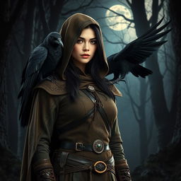 A cloaked dark-haired woman wearing Strigga style ranger clothing, featuring intricate patterns and earthy tones