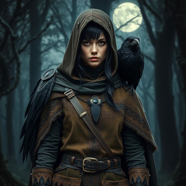 A cloaked dark-haired woman wearing Strigga style ranger clothing, featuring intricate patterns and earthy tones