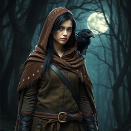 A cloaked dark-haired woman wearing Strigga style ranger clothing, featuring intricate patterns and earthy tones