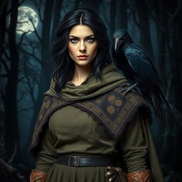 A cloaked dark-haired woman wearing Strigga style ranger clothing, featuring intricate patterns and earthy tones