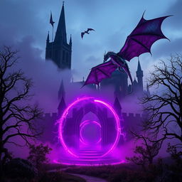 A mesmerizing scene featuring a glowing magical portal illuminated in rich shades of violet, standing prominently in the foreground