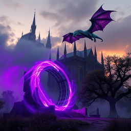 A mesmerizing scene featuring a glowing magical portal illuminated in rich shades of violet, standing prominently in the foreground