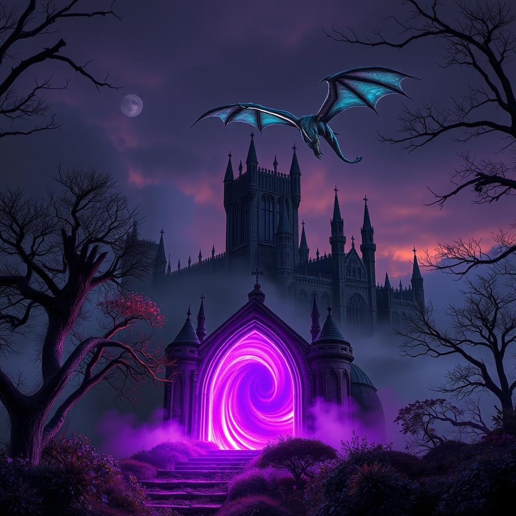 A mesmerizing scene featuring a glowing magical portal illuminated in rich shades of violet, standing prominently in the foreground