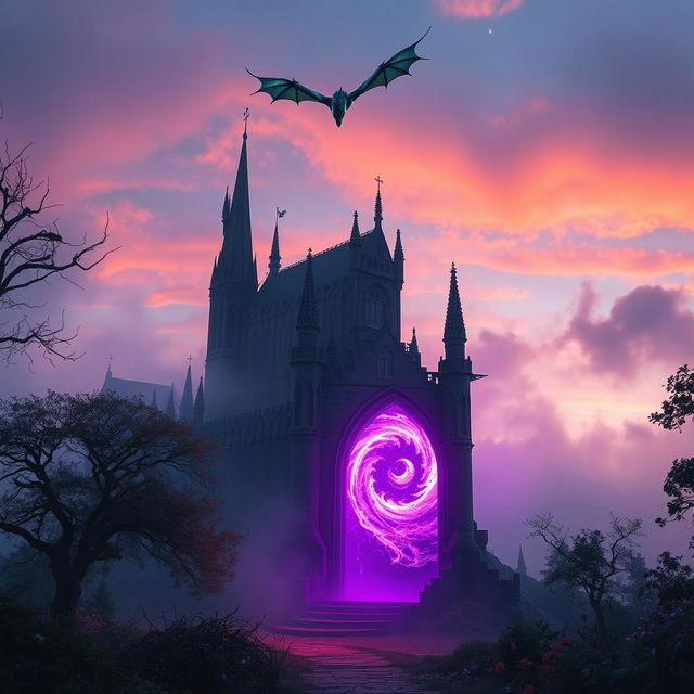 A mesmerizing scene featuring a glowing magical portal illuminated in rich shades of violet, standing prominently in the foreground