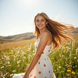 A portrait of a young woman with flowing long hair, wearing a stylish summer dress, standing in a sunlit field filled with wildflowers