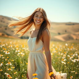 A portrait of a young woman with flowing long hair, wearing a stylish summer dress, standing in a sunlit field filled with wildflowers