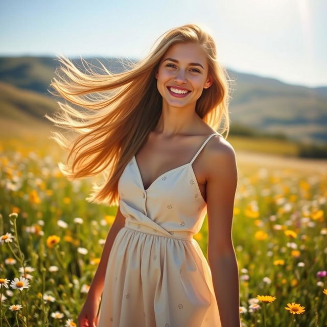 A portrait of a young woman with flowing long hair, wearing a stylish summer dress, standing in a sunlit field filled with wildflowers