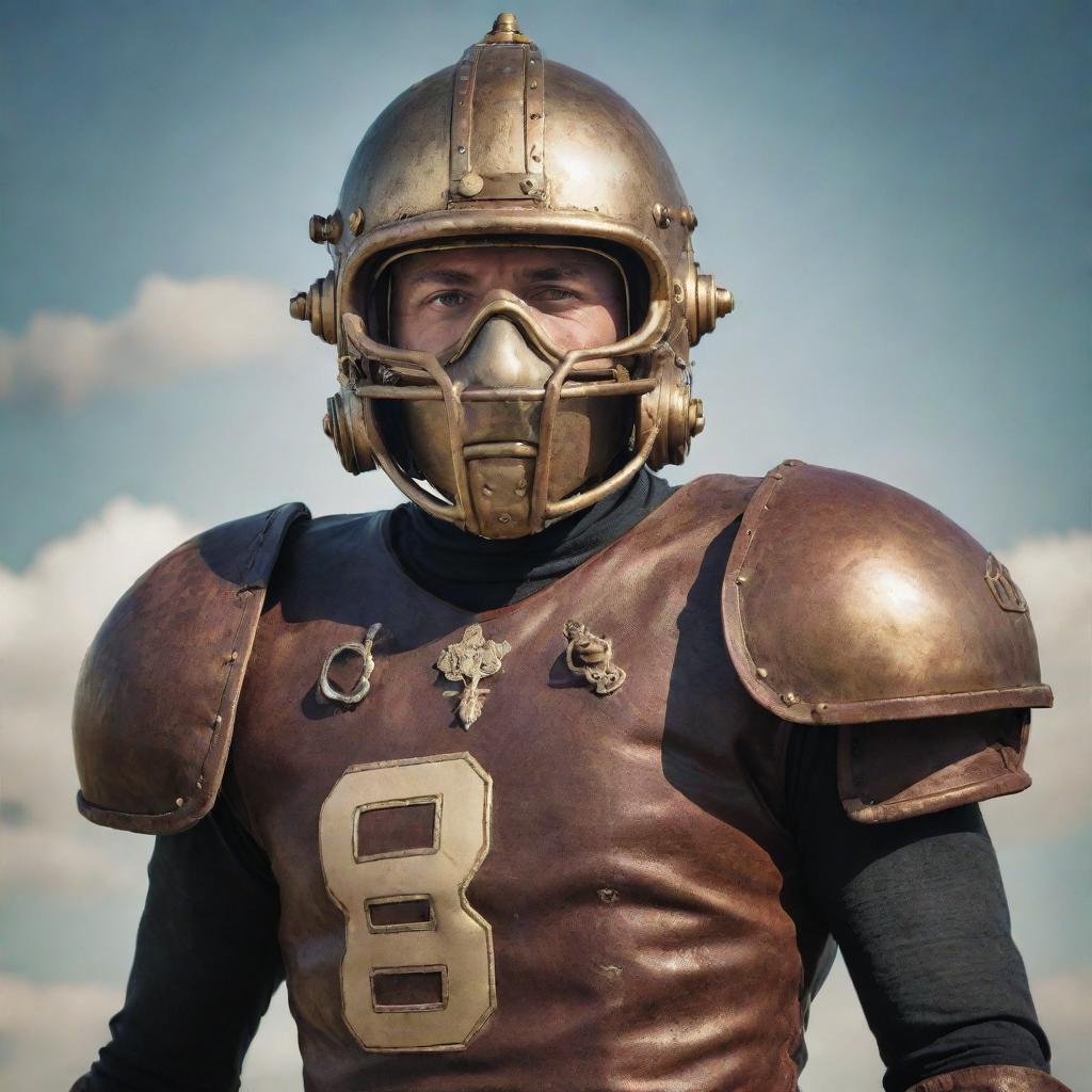 A steampunk inspired American football player, donning vintage armor-like padding, accented with brass fittings and Victorian-era design elements. The player's helmet showcases ornate steam-fittings and goggles. He prepares to launch a gear-encrusted football on an aged, analog scoreboarding field.