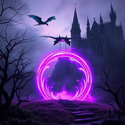 A strikingly realistic scene featuring a magical portal glowing in rich shades of violet, set prominently in the foreground