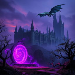 A strikingly realistic scene featuring a magical portal glowing in rich shades of violet, set prominently in the foreground