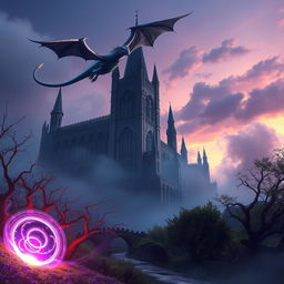 A strikingly realistic scene featuring a magical portal glowing in rich shades of violet, set prominently in the foreground