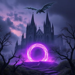 A strikingly realistic scene featuring a magical portal glowing in rich shades of violet, set prominently in the foreground