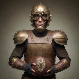 A steampunk inspired American football player, donning vintage armor-like padding, accented with brass fittings and Victorian-era design elements. The player's helmet showcases ornate steam-fittings and goggles. He prepares to launch a gear-encrusted football on an aged, analog scoreboarding field.