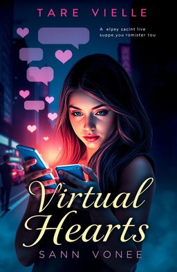 A captivating book cover design for a novel titled 'Virtual Hearts'