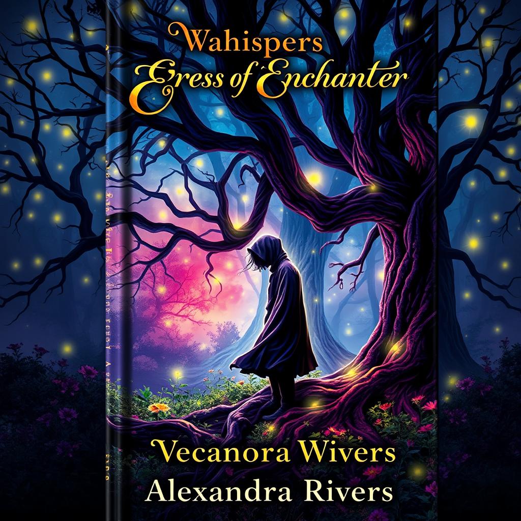 A captivating book cover design featuring a mystical forest at twilight, filled with glowing fireflies that illuminate the scene