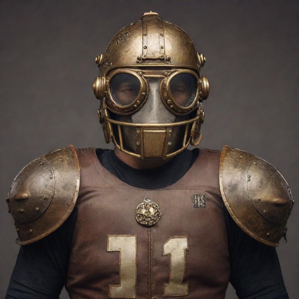 A steampunk inspired American football player, donning vintage armor-like padding, accented with brass fittings and Victorian-era design elements. The player's helmet showcases ornate steam-fittings and goggles. He prepares to launch a gear-encrusted football on an aged, analog scoreboarding field.