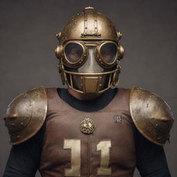 A steampunk inspired American football player, donning vintage armor-like padding, accented with brass fittings and Victorian-era design elements. The player's helmet showcases ornate steam-fittings and goggles. He prepares to launch a gear-encrusted football on an aged, analog scoreboarding field.