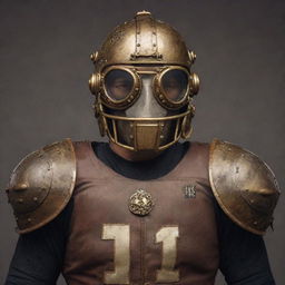 A steampunk inspired American football player, donning vintage armor-like padding, accented with brass fittings and Victorian-era design elements. The player's helmet showcases ornate steam-fittings and goggles. He prepares to launch a gear-encrusted football on an aged, analog scoreboarding field.