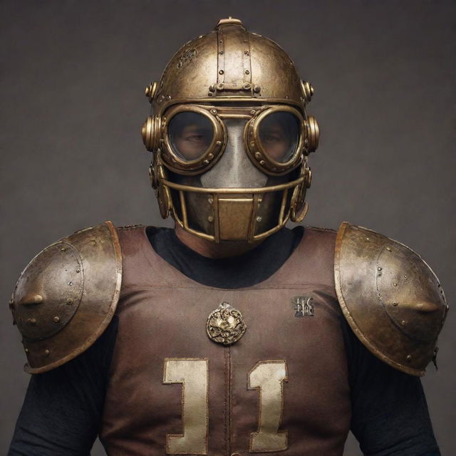 A steampunk inspired American football player, donning vintage armor-like padding, accented with brass fittings and Victorian-era design elements. The player's helmet showcases ornate steam-fittings and goggles. He prepares to launch a gear-encrusted football on an aged, analog scoreboarding field.