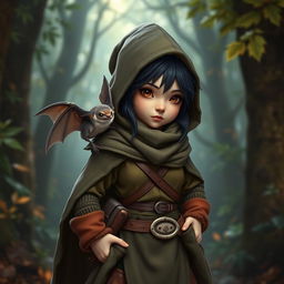 A cloaked dark-haired female gnome dressed in Strigga style ranger clothing, characterized by vibrant patterns and earthy tones
