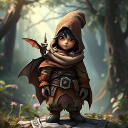 A cloaked dark-haired female gnome dressed in Strigga style ranger clothing, characterized by vibrant patterns and earthy tones