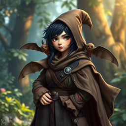 A cloaked dark-haired female gnome dressed in Strigga style ranger clothing, characterized by vibrant patterns and earthy tones