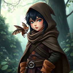 A cloaked dark-haired female gnome dressed in Strigga style ranger clothing, characterized by vibrant patterns and earthy tones
