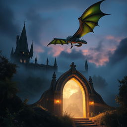 A captivating scene depicting a realistic magical portal in the foreground, radiating soft, enchanting glows that suggest ancient power and mystery