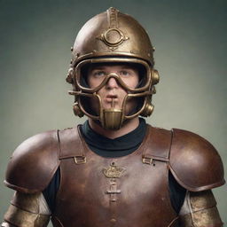 A steampunk inspired American football player, donning vintage armor-like padding, accented with brass fittings and Victorian-era design elements. The player's helmet showcases ornate steam-fittings and goggles. He prepares to launch a gear-encrusted football on an aged, analog scoreboarding field.