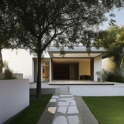 A minimalist two-storey house featuring a car garage, a small park and a swimming pool.